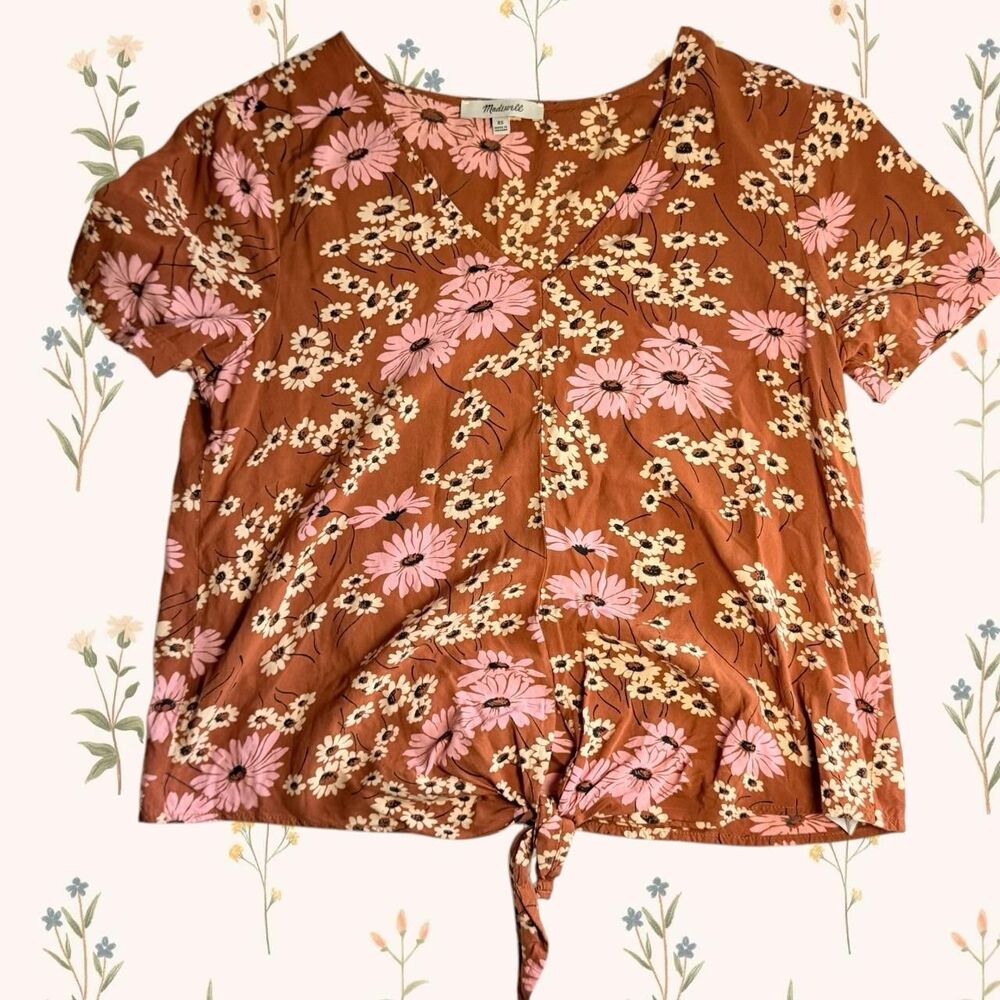 Madewell Hillside Daisies Fall Brown Pink Short Sleeve Tie-Front Top - Size XS